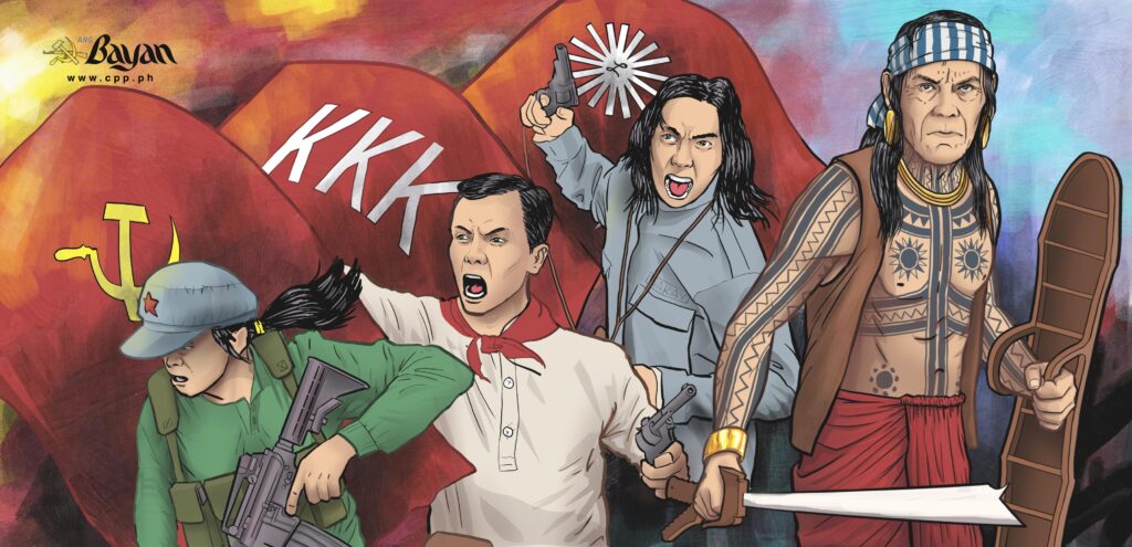 Poster objavljen od strane KPF, naglašavajući nastavak borbe za nezavisnost u moderno doba. Od desna na levo redom idu - domorodac, borac sa prvom zastavom Filipina, borac Katipunana i na kraju moderna borkinja NNA